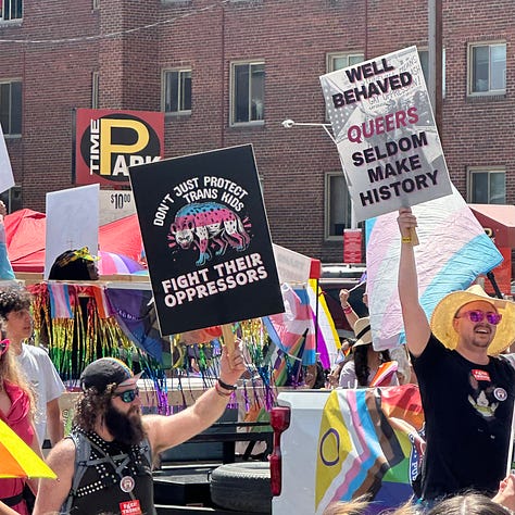 8 photos of a Pride parade. One photo of the Colorado Supreme Court Building with text reading "Liberty and Justice for All"
