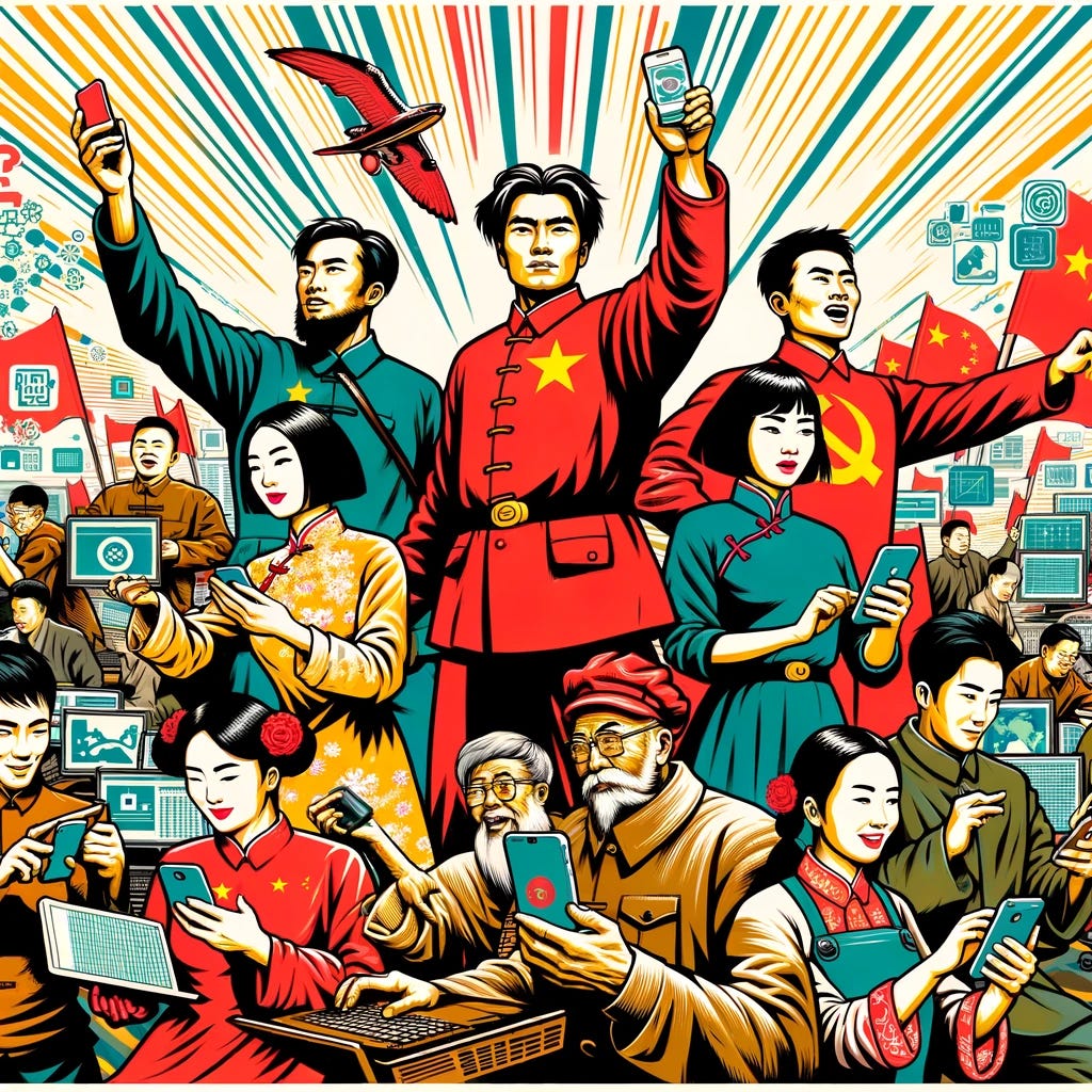 Depict Chinese netizens in the style of a Cultural Revolution propaganda poster. The image should feature individuals of various ages engaging with modern technology, such as smartphones and computers, yet dressed in the iconic attire of the Cultural Revolution period. They should be posed in an uplifting and revolutionary manner, reminiscent of the posters from that era, with bold colors and dynamic compositions. The background should include digital icons and elements, blending traditional Chinese propaganda art with contemporary digital themes, symbolizing the fusion of past and present.