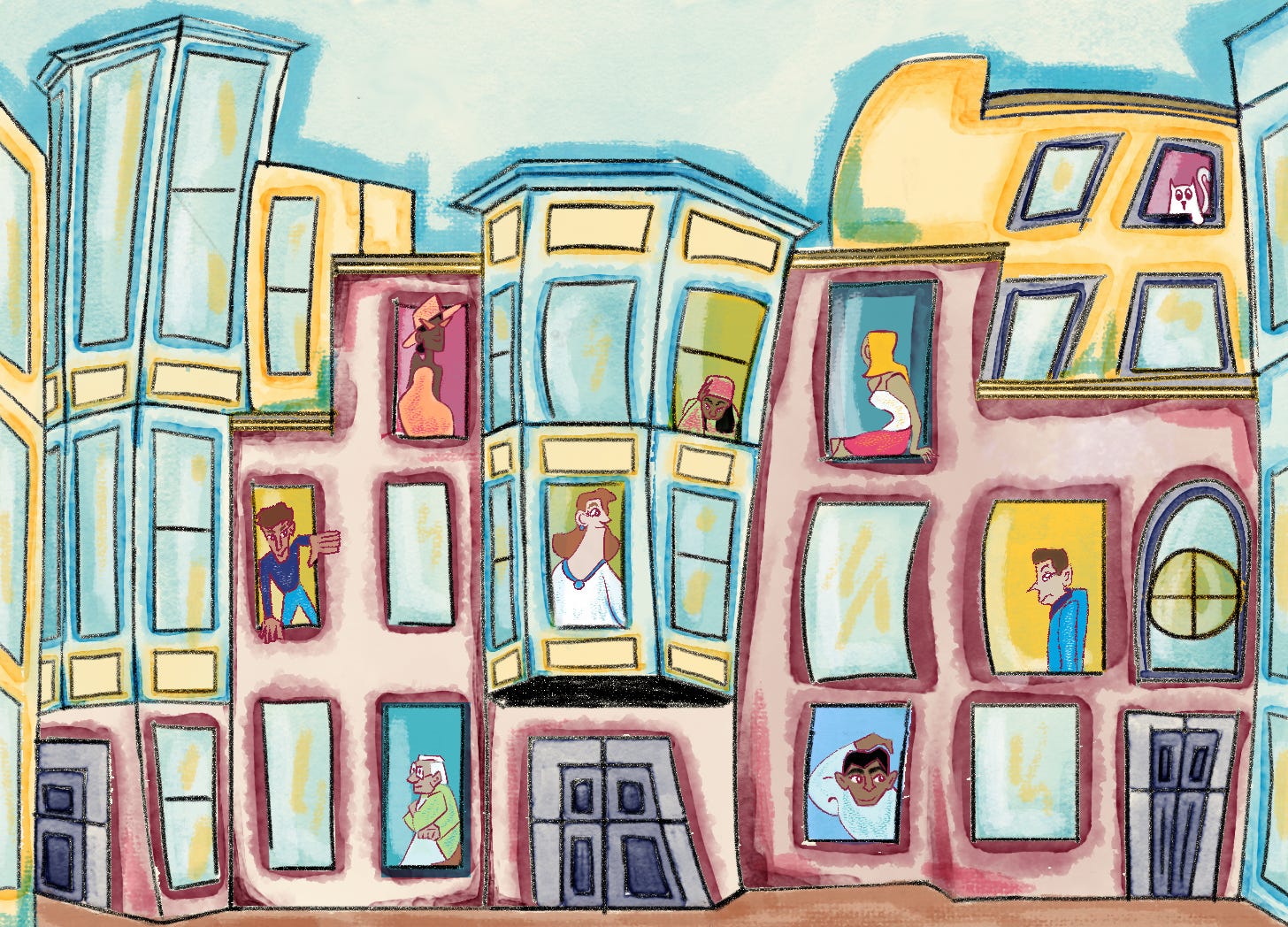 Illustration of a row of apartment buildings with people visible in windows and doorways, representing many individuals living in the same community. Residents of different ages and backgrounds are shown looking out from their homes or interacting from windows.