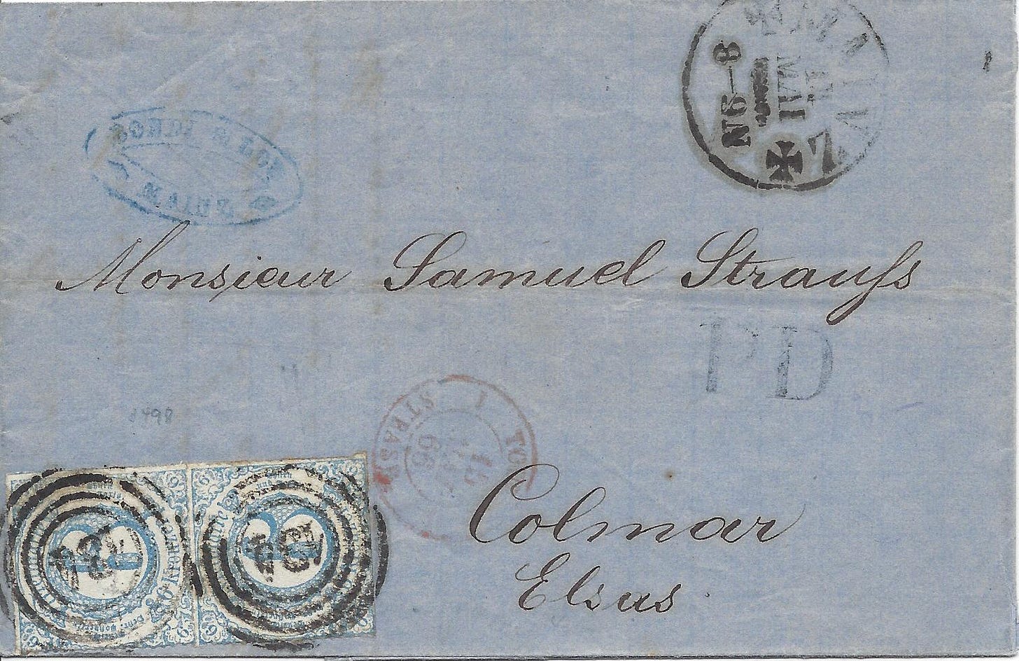 1866 letter from Mainz to Colmar, France