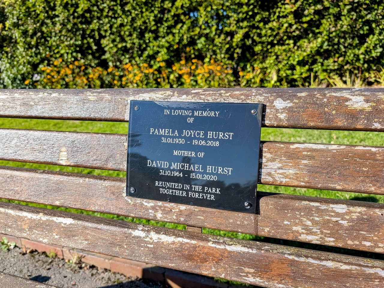Memorial bench in Stanley Park, Blackpool