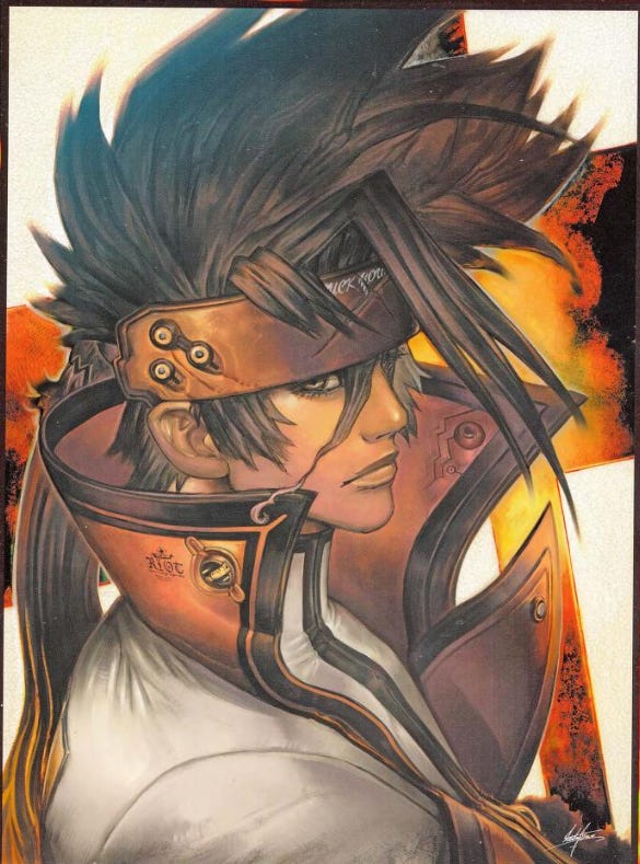 A stylized portrait of Order Sol done in a painterly medium with a mostly orange palette. He’s side-eyeing the viewer.