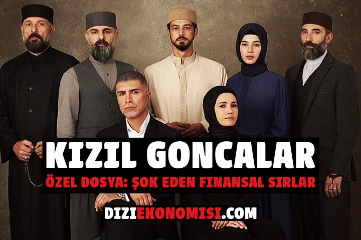 Kızıl Goncalar dizisinin tanıtım görseli. Geleneksel kıyafetler giymiş altı karakter, sade bir arka plan önünde grup halinde poz veriyor. Görselde 'Kızıl Goncalar: Özel Dosya - Şok Eden Finansal Sırlar' yazısı dikkat çekiyor.