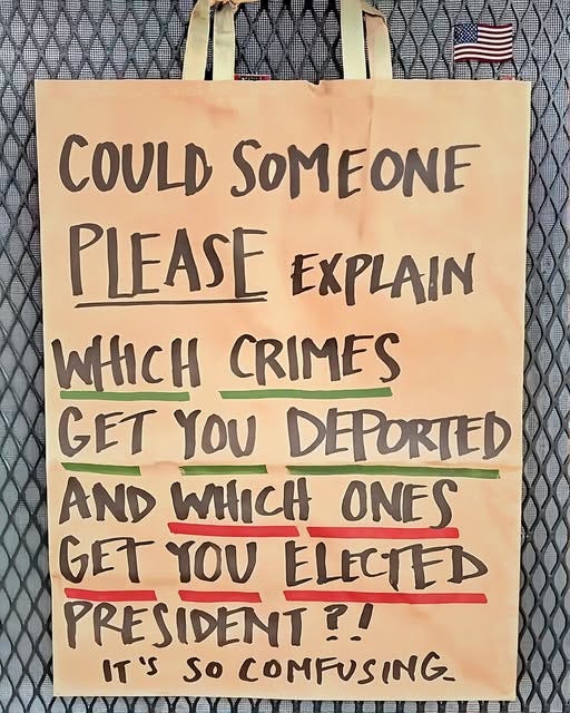 May be an image of welcome mat and text that says 'COULD SOMEONE PLEASE EXPLAIN WHICH CRIMES GET YOU DEPORTED AND WHICH ONES GET YOU ELECTED PRESIDENT?! ?! IT IT'S So COMFUSING'