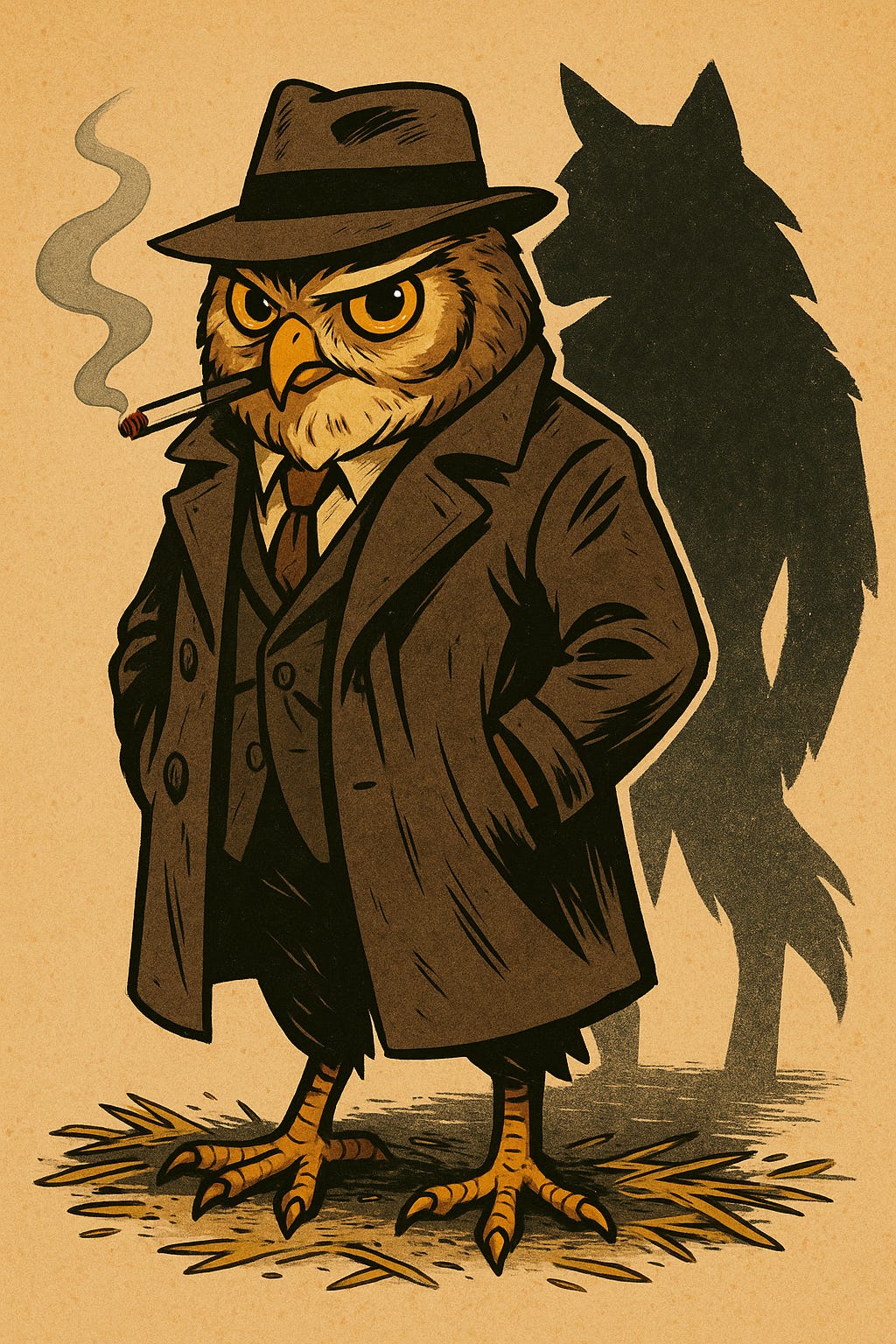 Comedic pulp-style illustration of an anthropomorphic owl detective in a trench coat and fedora, a cigarette dangling from his beak with smoke curling upward. He stands on scattered straw under a moody backdrop, while the looming shadow of a wolf rises behind him. The image blends classic film noir aesthetics with a whimsical fairy-tale twist.