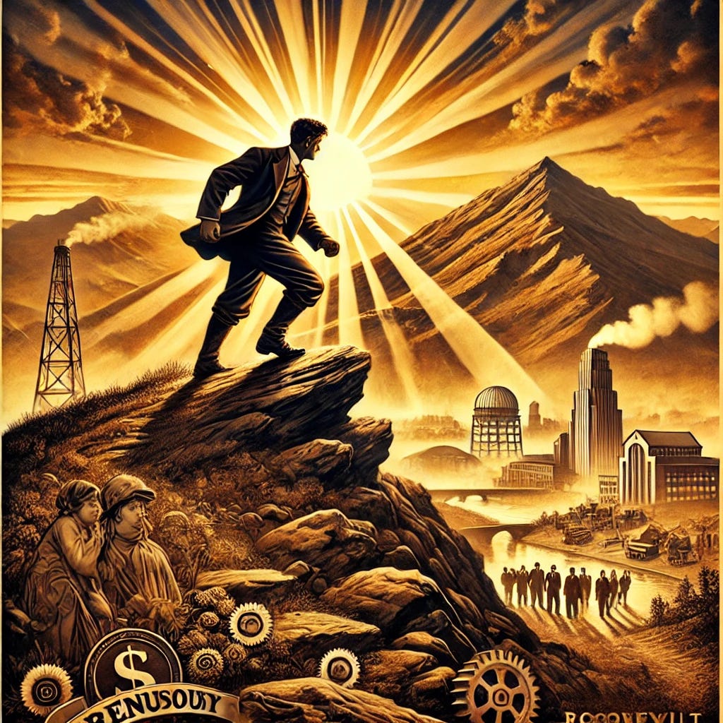 A powerful and inspiring image capturing the essence of hard work, resilience, and personal growth in the style of early 20th-century posters. A determined figure, dressed in work attire, stands on a rugged mountainside at sunrise, symbolizing the 'strenuous life.' In the background, scenes of innovation, industry, and nature represent the journey of overcoming adversity. The sun rises over a modern city, signifying free enterprise and earned success, with rays of light highlighting the individual’s hard-earned path. The atmosphere is motivational and triumphant, reflecting Theodore Roosevelt’s values of effort and human flourishing.