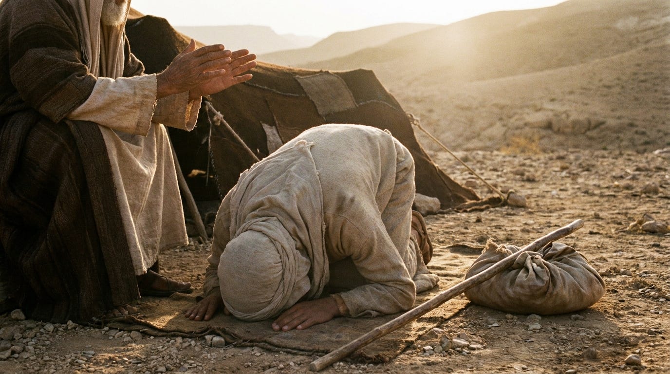 An old man seated at the open flap of a goat-hair tent at dawn, his hands raised over a young man kneeling with his back to us, a staff and travel bundle on the ground beside them, no text, no faces An old man seated at the open flap of a goat-hair tent at dawn, his hands raised over a young man kneeling with his back to us, a staff and travel bundle on the ground beside them, no text, no faces