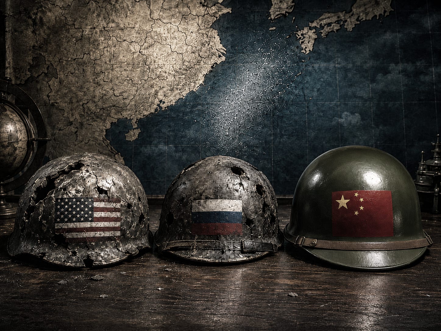 Three helmets. America and Russia's the worse for wear, China shiny and new. With Taiwan erased from the map.