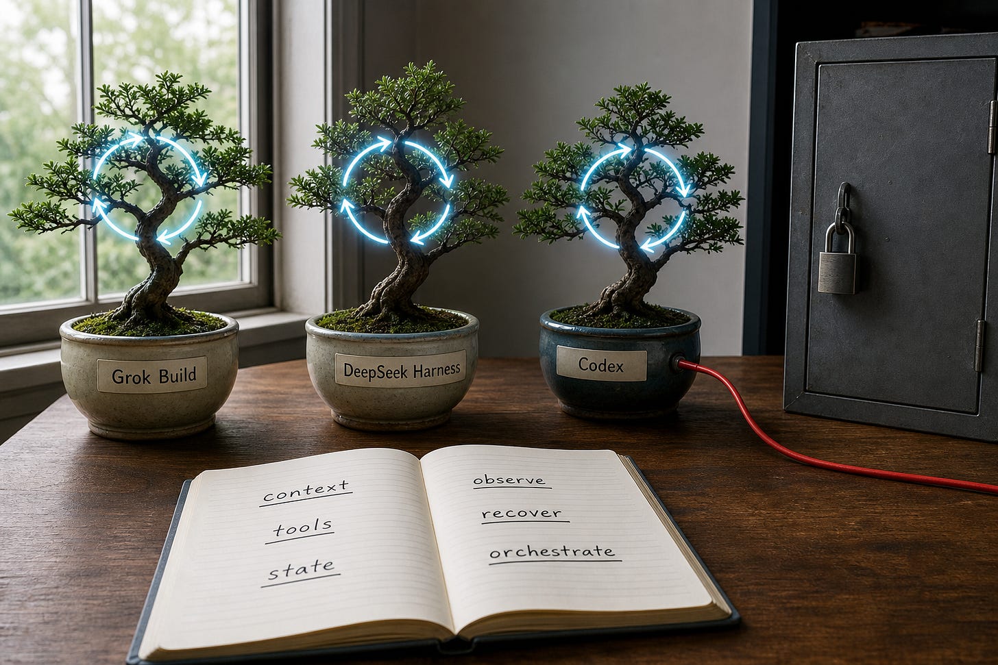 Three open-source trees on a table. A red meter cable runs from the Codex tree into a locked cabinet. A notebook lists six harness jobs. Three open-source trees on a table. A red meter cable runs from the Codex tree into a locked cabinet. A notebook lists six harness jobs.