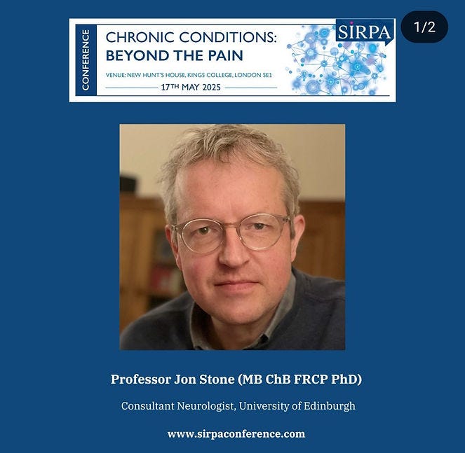 Man with glasses, blonde hair, in indoor setting. Text: Chronic Conditions: Beyond the Pain, London, 17 May 2025; Sirpa conference info.