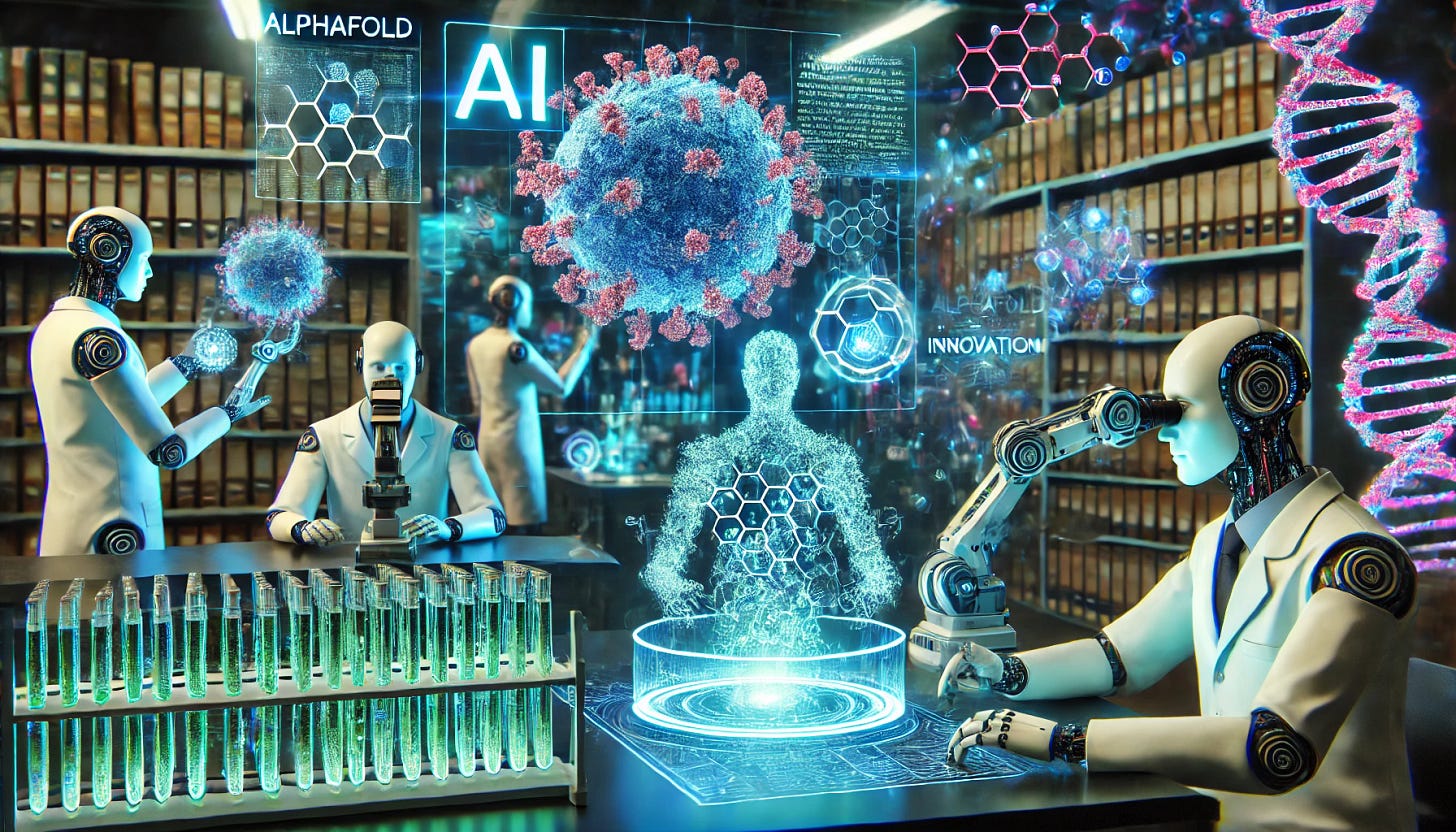 A futuristic biotech laboratory with AI-powered robotic arms analyzing protein structures on holographic screens. Scientists in high-tech suits observe intricate molecular formations, while a glowing AlphaFold AI interface processes data. The scene is illuminated with neon blue and green hues, emphasizing cutting-edge innovation. In the background, shelves filled with research papers and patent documents hint at groundbreaking discoveries and financial opportunities.