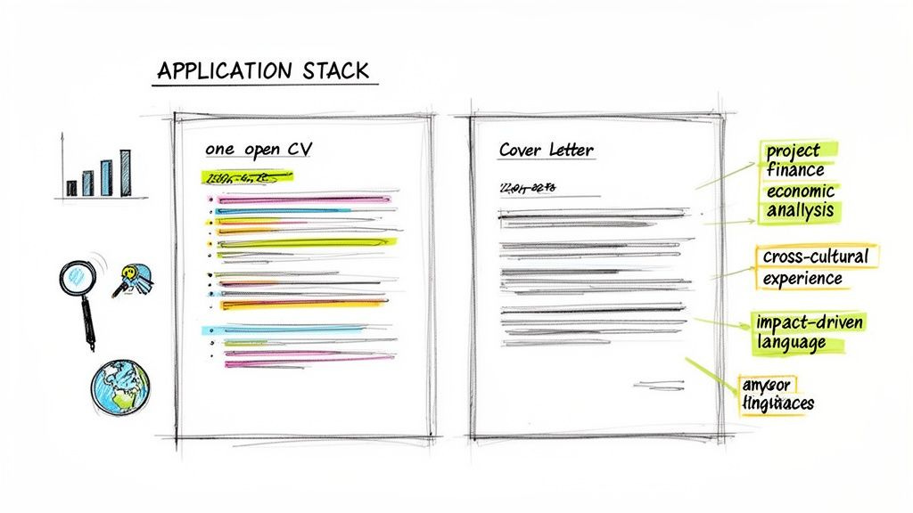 A diagram illustrates an application stack, featuring a CV and cover letter with highlighted professional skills. A diagram illustrates an application stack, featuring a CV and cover letter with highlighted professional skills.