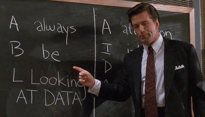 A man in a dark suit and red tie stands beside a blackboard in a classroom. The blackboard has two vertical columns of letters and words. Left column spells A B L vertically with horizontal words always be looking at data. Right column spells A I D vertically with horizontal word at. The man points toward the right column while looking at it. A man in a dark suit and red tie stands beside a blackboard in a classroom. The blackboard has two vertical columns of letters and words. Left column spells A B L vertically with horizontal words always be looking at data. Right column spells A I D vertically with horizontal word at. The man points toward the right column while looking at it.