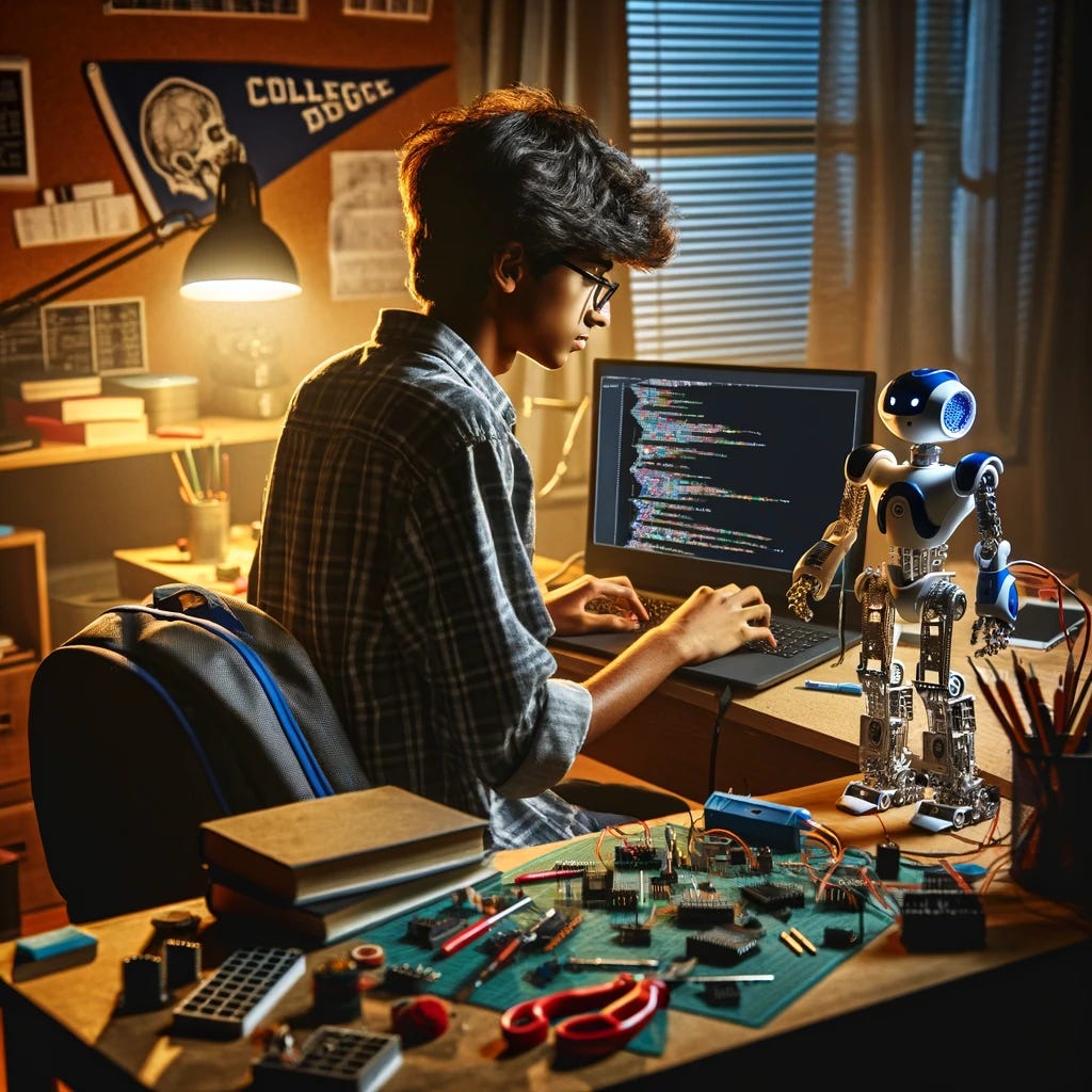 Create an image of a young Indian descent boy in his dorm room, programming a robot. The boy is seated at a cluttered desk filled with electronic components and tools, concentrating on his laptop screen which displays lines of code. The robot on the desk is humanoid, with wires protruding as it is connected to the laptop. The room reflects a student’s living space, with textbooks, a backpack, and a college pennant on the wall. It’s evening, and the room is lit by a desk lamp casting a warm glow on the boy’s work area, showcasing a scene of innovation and dedication.
