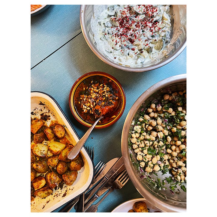 A series of 4 images of various salads taken from above