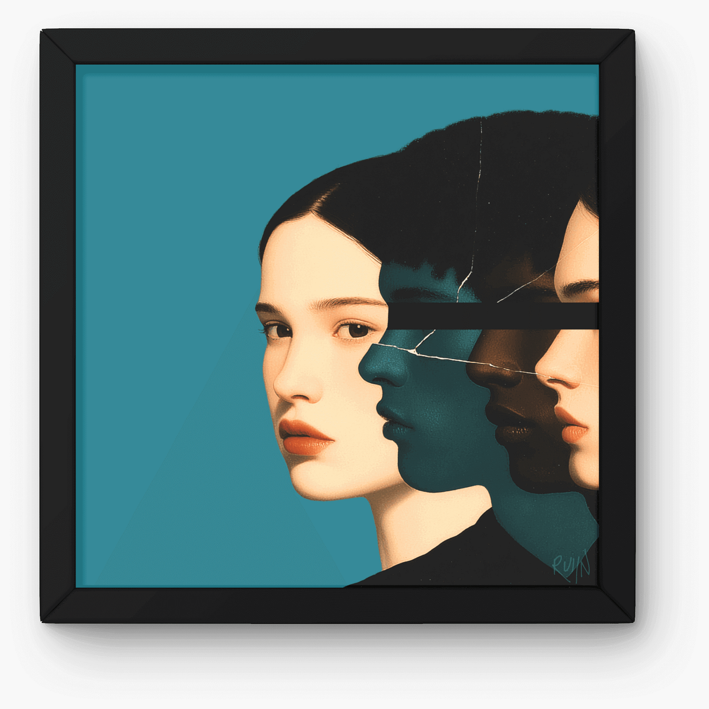 Conceptual art piece titled “Before the Womb.” Four figures of various genders and skin tones emerge from a central point. Three figures are obscured by rough, black-painted strokes across their eyes like blindfolds or erasures, while the fourth, fully-realized figure gazes directly at the viewer against a teal background.