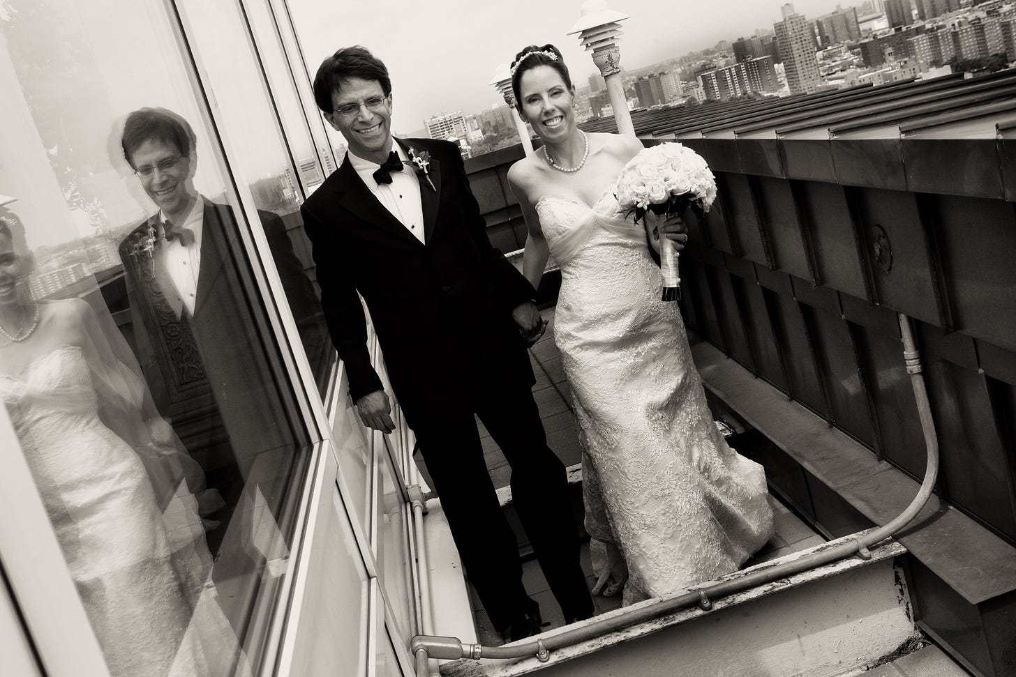 A black and white photograph of Amy Gabrielle and her late husband Steven on their wedding day, discussed in her interview regarding grief and creativity.