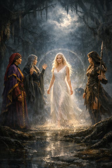 In the heart of the Swamp Fane, the Seeker, Weaver, and Huntress stand in a circle of pale moonlight. The Seeker wears Madame Eva’s colors — deep violet and gold — her eyes bright with knowing. The Weaver is draped in threads of silver and dusk, her hands raised as if shaping the air itself. The Huntress stands fierce and still, her spear grounded in the stone, her hair catching the moon’s glow. Between them, the air shimmers as a fourth figure steps forward — the Dreamer, pale, soft, radiant. Lady Winter no more, her frost melted into light, her sorrow into grace. The moonlight gathers around her like a crown as the circle closes, complete at last. In the heart of the Swamp Fane, the Seeker, Weaver, and Huntress stand in a circle of pale moonlight. The Seeker wears Madame Eva’s colors — deep violet and gold — her eyes bright with knowing. The Weaver is draped in threads of silver and dusk, her hands raised as if shaping the air itself. The Huntress stands fierce and still, her spear grounded in the stone, her hair catching the moon’s glow. Between them, the air shimmers as a fourth figure steps forward — the Dreamer, pale, soft, radiant. Lady Winter no more, her frost melted into light, her sorrow into grace. The moonlight gathers around her like a crown as the circle closes, complete at last.