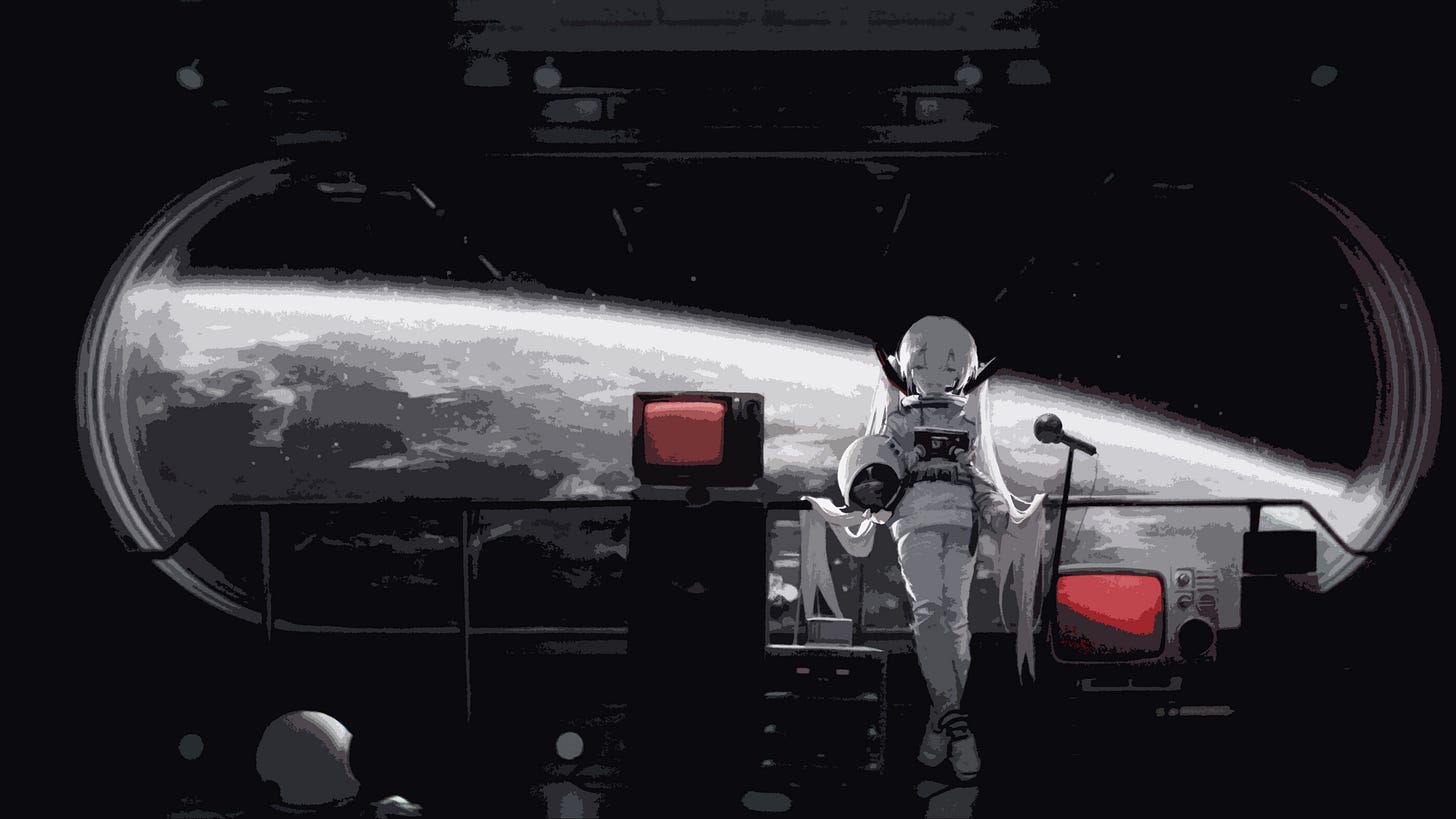 Anime 3840x2160 KetewStudio anime girls anime minimalism monochrome TV long hair orbits Earth planet space room astronaut spaceship science fiction futuristic technology space station female character fantasy art black white Instrumentation radio