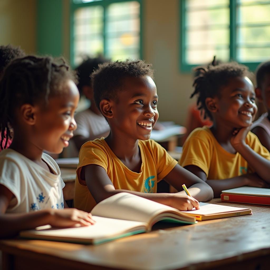 In a sun-drenched Caribbean classroom, vibrant Jamaican children with bright smiles and eager eyes engage in lively educational activities, surrounded by colorful textbooks and playful learning materials, shot in a warm, amplified by atmospheric lighting, to evoke a sense of hope and possibility rendering a visually stunning, post-processed masterpiece.