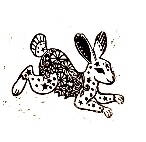 linocut art print of a rabbit with stars and floral pattern