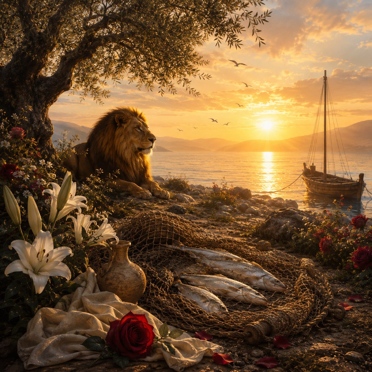 A painterly sunrise over a tranquil lakeshore, with a majestic lion resting beneath an ancient olive tree. In the foreground, a fishing net filled with silver fish lies beside white lilies, a deep red rose and a clay oil jar, while a small wooden fishing boat floats on the glowing water beneath a golden sky. The scene evokes themes of resurrection, abundance, courage and new spiritual beginnings.