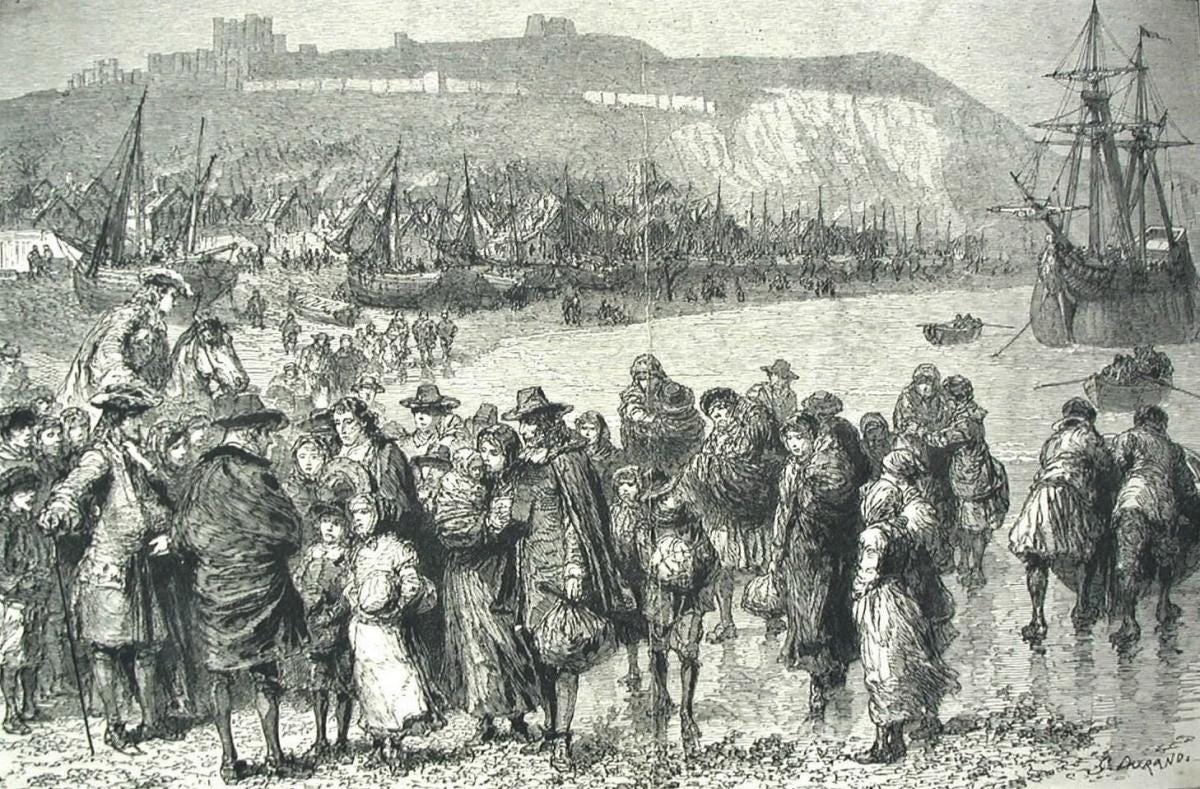 Illustration of Huguenot refugees landing at Dover