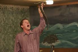 man holding snake above his head
