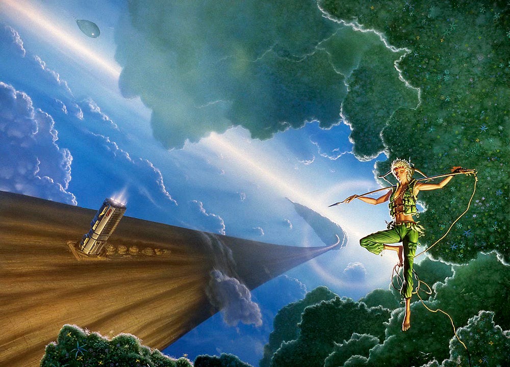 A woman with short blonde hair floats weightless in front of clumps of cloud shaped vegetation dotted with flowers. The figure looks very Peter Pan-esque posed with one knee raised wearing green capri-style pants and a vest with no shirt beneath. A harpoon rests across her shoulders with a rope line dangling loose. She holds a coil of it with her toes. An enormous tree trunk with a chrome engine firing off the side arcs past, diminishing back into the blue sky where it intersects clump. A diagonal line of light serves as a tilted horizon of sorts but there is no land, just sky occupied by clouds and clumps. A woman with short blonde hair floats weightless in front of clumps of cloud shaped vegetation dotted with flowers. The figure looks very Peter Pan-esque posed with one knee raised wearing green capri-style pants and a vest with no shirt beneath. A harpoon rests across her shoulders with a rope line dangling loose. She holds a coil of it with her toes. An enormous tree trunk with a chrome engine firing off the side arcs past, diminishing back into the blue sky where it intersects clump. A diagonal line of light serves as a tilted horizon of sorts but there is no land, just sky occupied by clouds and clumps.