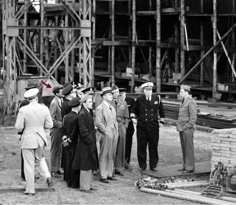 Kennedy viewing Bremen factory.JFK in Bremen, 1945, examining Germany’s industrial ruins after the collapse of the Third Reich. His postwar reporting followed the wreckage of power from shattered cities to damaged factories.