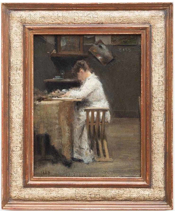 'The artist studio with a lady in white' 1883 - olieverf op doek: Jan Toorop (lot 214 zaalveiling, Venduehuis Den Haag) 'The artist studio with a lady in white' 1883 - olieverf op doek: Jan Toorop (lot 214 zaalveiling, Venduehuis Den Haag)