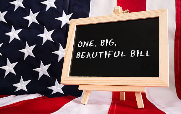 One Big Beautiful Bill Act chalkboard sign with American flag background, USA legislation budget concept One Big Beautiful Bill Act chalkboard sign with American flag background, USA legislation budget concept ONE BIG BEAUTIFUL BILL stock pictures, royalty-free photos & images