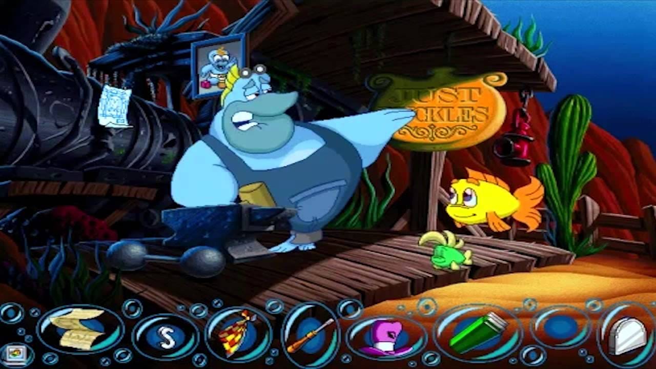 Freddi Fish 4: The Case of the Hogfish Rustlers of Briny Gulch. A children's game taking place underwater, the playable character is a fish named Freddy. Freddy is shown in the screenshot with his friend, Luther, talking to an armorer in the Western setting. Items in Freddy's inventory are displayed in bubbles at the bottom of the screen. Freddi Fish 4: The Case of the Hogfish Rustlers of Briny Gulch. A children's game taking place underwater, the playable character is a fish named Freddy. Freddy is shown in the screenshot with his friend, Luther, talking to an armorer in the Western setting. Items in Freddy's inventory are displayed in bubbles at the bottom of the screen.