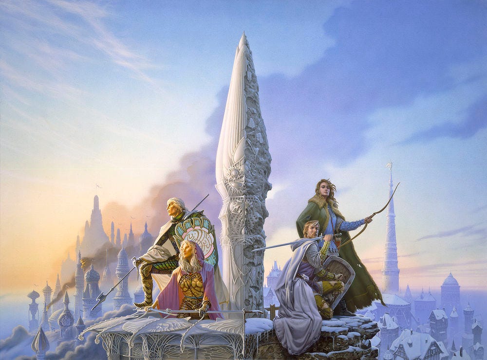 A contrast of two worlds set atop a tower spire. The left is elegantly detailed with elvish artistry while the right looks crumbled and weathered. Drifting from the background left to right, smoke rises off onion domes of the city. As it crosses the spire, the smoke transforms to cloud cover. An elvish male stares off in the distance with his white cloak partially wrapping his arm and his spear pointed down over his knee. There is a green metallic sheen to his leg armor. He holds an ornate shield, pearlescent green at the edges and white at the center, decorated with glyphs bound in a pink circle. Kneeling next to him is an elvish female wearing a pink and purple cloak. Holding a slender sword in one hand, she grips the thin railing that sits low over architectural detail, broad white leaves. On the other side of the spire, a human female glances haughtily at the audience with a bow held out, braced on her hip. Kneeling next to her, a blonde bearded male with a snowy lock glances over. He rests his sword back on his shoulder while holding a simple wooden shield in his offhand. His pants are torn; her cloak is tattered. Their side of the tower is made of crude snow covered stone, underlining a different reality. A contrast of two worlds set atop a tower spire. The left is elegantly detailed with elvish artistry while the right looks crumbled and weathered. Drifting from the background left to right, smoke rises off onion domes of the city. As it crosses the spire, the smoke transforms to cloud cover. An elvish male stares off in the distance with his white cloak partially wrapping his arm and his spear pointed down over his knee. There is a green metallic sheen to his leg armor. He holds an ornate shield, pearlescent green at the edges and white at the center, decorated with glyphs bound in a pink circle. Kneeling next to him is an elvish female wearing a pink and purple cloak. Holding a slender sword in one hand, she grips the thin railing that sits low over architectural detail, broad white leaves. On the other side of the spire, a human female glances haughtily at the audience with a bow held out, braced on her hip. Kneeling next to her, a blonde bearded male with a snowy lock glances over. He rests his sword back on his shoulder while holding a simple wooden shield in his offhand. His pants are torn; her cloak is tattered. Their side of the tower is made of crude snow covered stone, underlining a different reality.