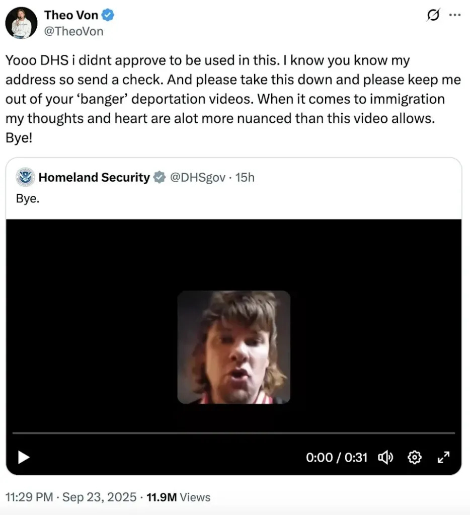 Yooo DHS i didnt approve to be used in this. I know you know my address so send a check. And please take this down and please keep me out of your ‘banger’ deportation videos," he said. "When it comes to immigration my thoughts and heart are a lot more nuanced than this video allows. Bye!