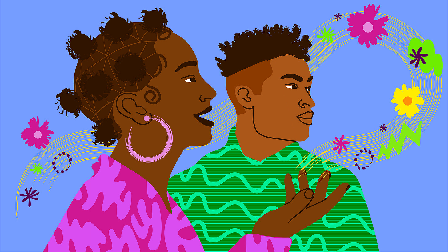 Top Illustrator Aurélia Durand — The ListIllustration by Aurelia Durand featuring two Black people in vibrant colors speaking with open gestures, surrounded by floral and abstract patterns, evoking connection, clarity, and shared understanding Top Illustrator Aurélia Durand — The ListIllustration by Aurelia Durand featuring two Black people in vibrant colors speaking with open gestures, surrounded by floral and abstract patterns, evoking connection, clarity, and shared understanding
