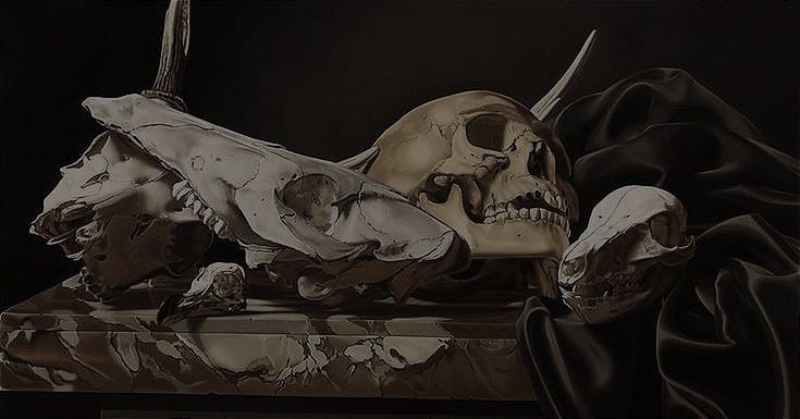 This may contain: a painting of a human skull laying on a table