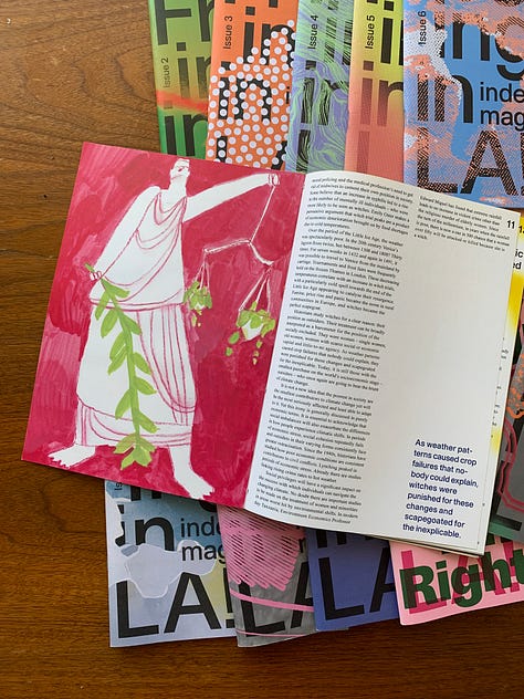 Pictures of the first issue of IFLA, including the hand-sewn binding, two illustrations and my first article in print