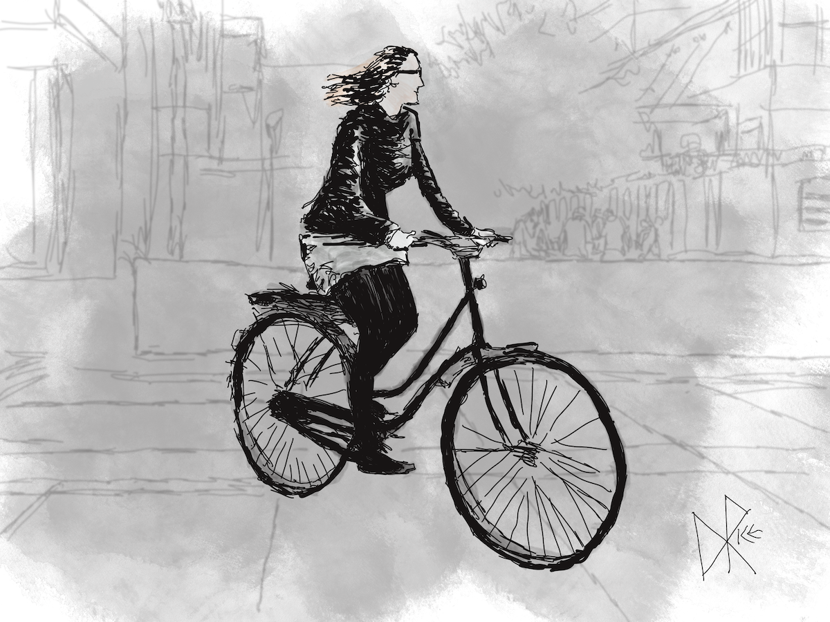 Blonde woman wearing glasses and layered clothing for Spring temperature variance, clearly enjoying her bike ride. Sketch art by Don Rice.