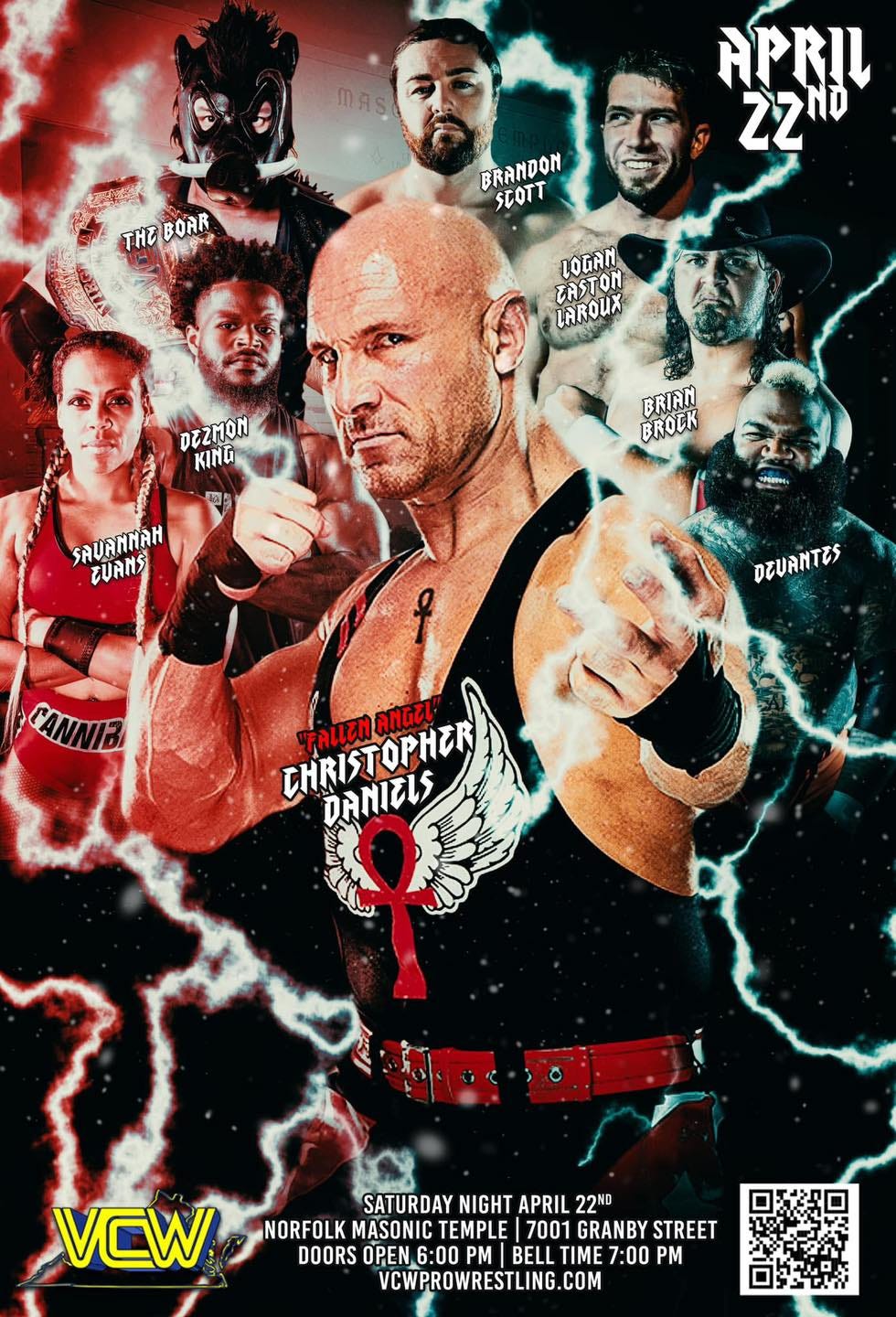 May be an image of 4 people and text that says 'mAS THEBOAR THE APRIL ZZ BRANDON SCOTT EASTON LOGAN LAROUX DEZMON KING BRIAN BROCK SAUANNAH EUANS DEUANTES CHRISTOPHER ANGEL "PALLEnANGEL DANIELS VCW SATURDAY NIGHT APRIL 22ND NORFOLK MASONIC TEMPLE 7001 GRANBY STREET DOORS OPEN 6:00 PM BELL TIME 7:00 PM VCWPROWRESTLING.COM'