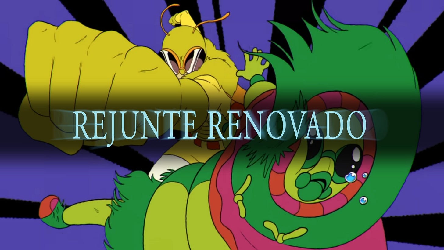 Screenshot do clipe da música Interior People, com o título "Rejunte Renovado" sobreposto, como se fosse uma tela de vitória de um jogo Dark Souls