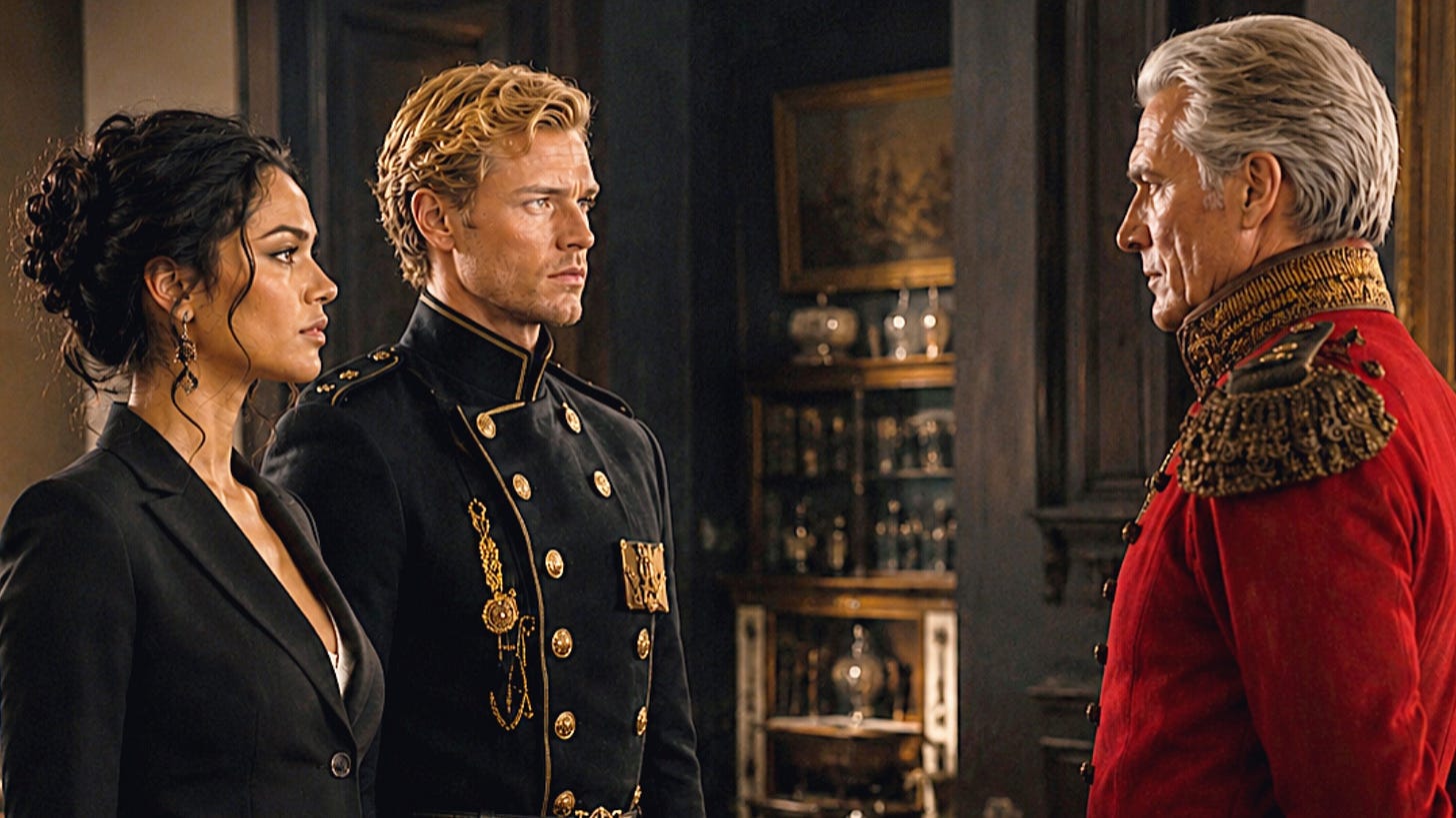 A dark-haired woman in a tailored black pantsuit stands beside a blond young man in a black military-style formal uniform as they face an older silver-haired man in an ornate crimson command uniform inside a richly furnished private salon. The room is dimly lit with warm amber light, dark wood paneling, leather seating, and shelves of crystal decanters, emphasizing the tense confrontation between the three figures. A dark-haired woman in a tailored black pantsuit stands beside a blond young man in a black military-style formal uniform as they face an older silver-haired man in an ornate crimson command uniform inside a richly furnished private salon. The room is dimly lit with warm amber light, dark wood paneling, leather seating, and shelves of crystal decanters, emphasizing the tense confrontation between the three figures.