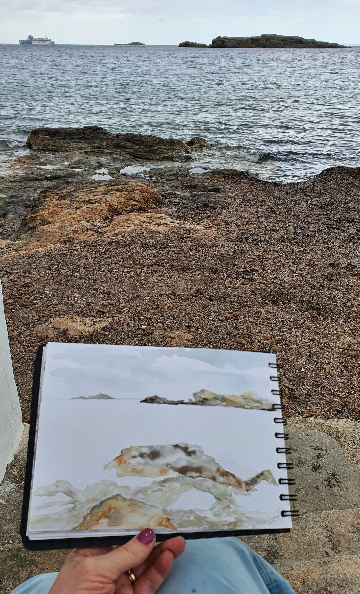 Susan Mills hand holding a sketchbook with a painting started of the view in front of the sea and a tiny island before the rain