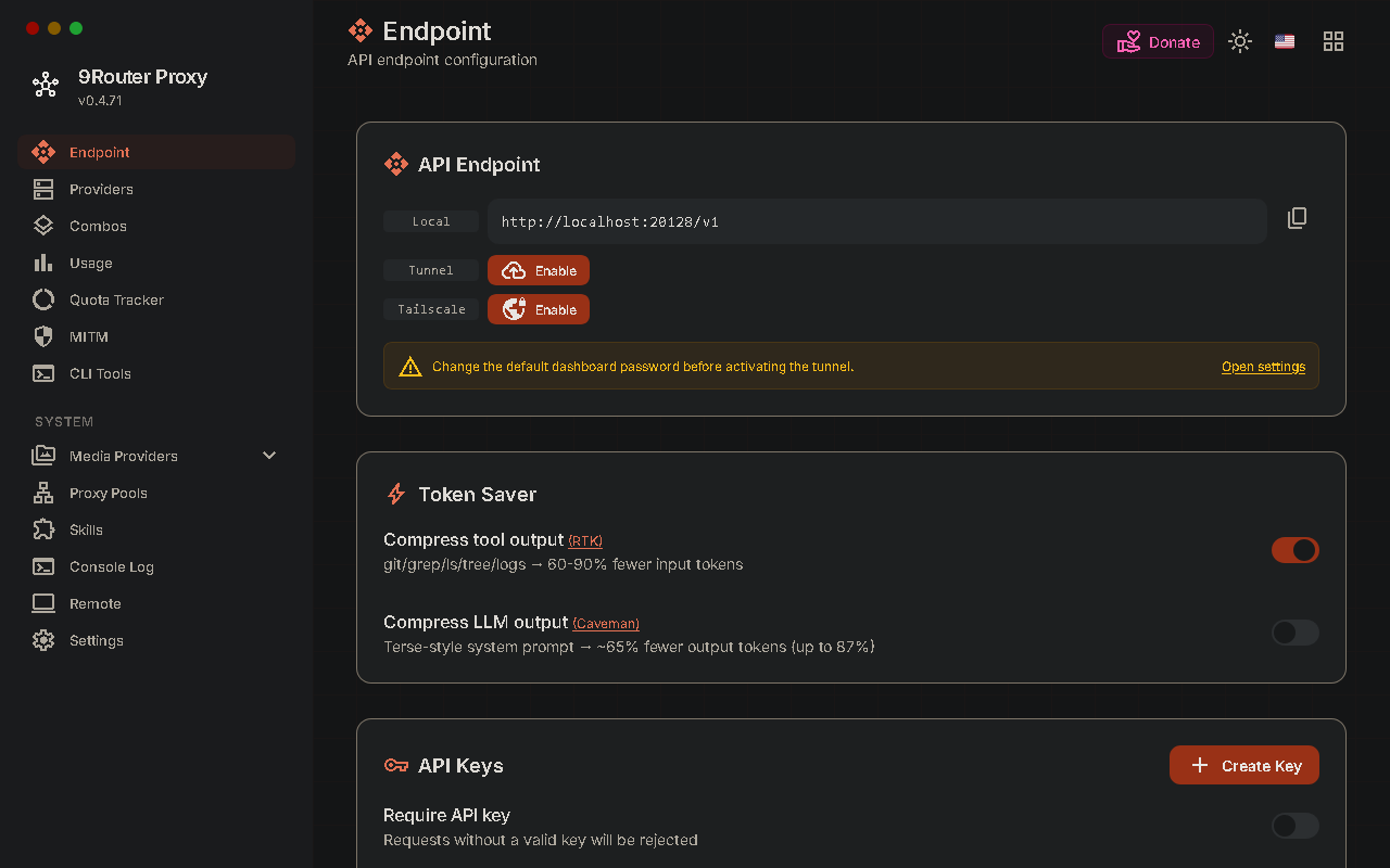 9Router endpoint page showing the local API endpoint and token server. 9Router endpoint page showing the local API endpoint and token server.