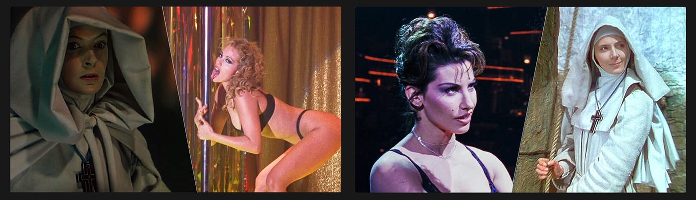 Four-part image featuring a dramatically Sister Clodagh glaring in fear in full habit, Nomi dancing in lingerie licking a stripper pole on stage, Cristal smirking at Nomi in the spotlight, and Ruth getting a bit too much pleasure from ringing the churchbell—all mid-performance.