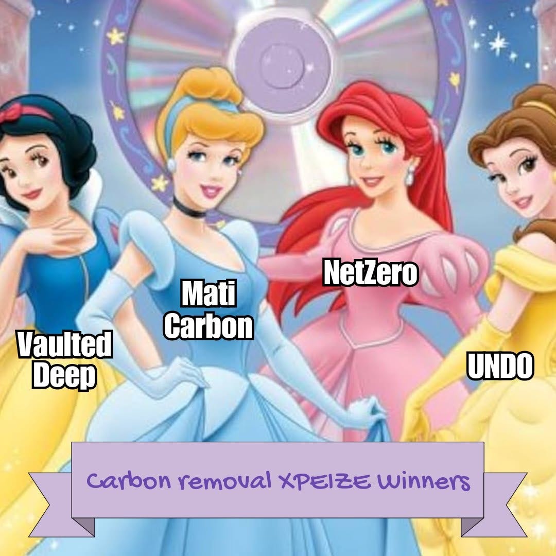 Four Disney princesses labelled "Vaulted Deep", "Mati Carbon", "NetZero" and "UNDO", above a banner reading "Carbon removal XPRIZE winners".