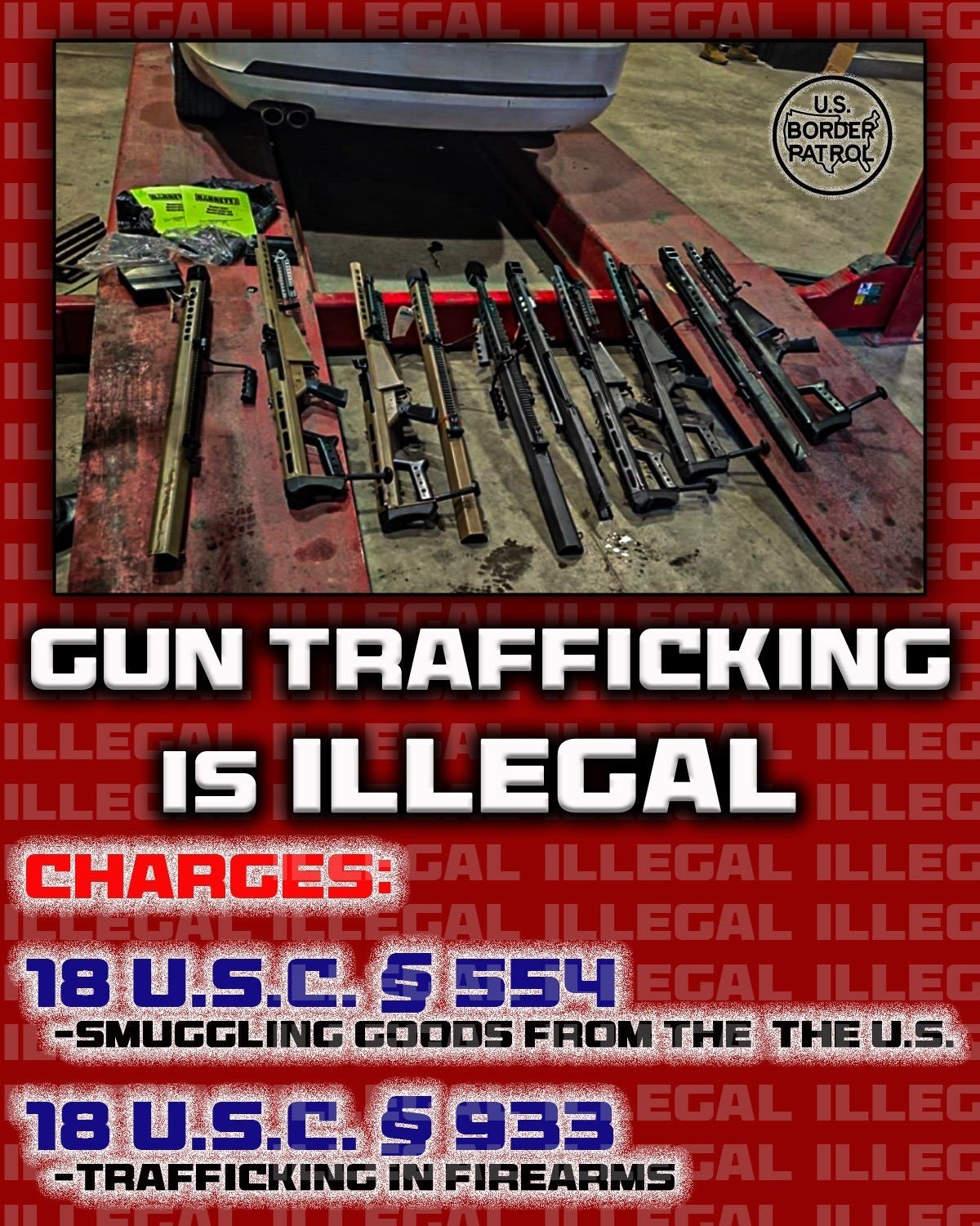 Five .50 caliber rifles seized from gunrunners attempting to smuggle them from California to Mexican Cartels on March 12, 2025.