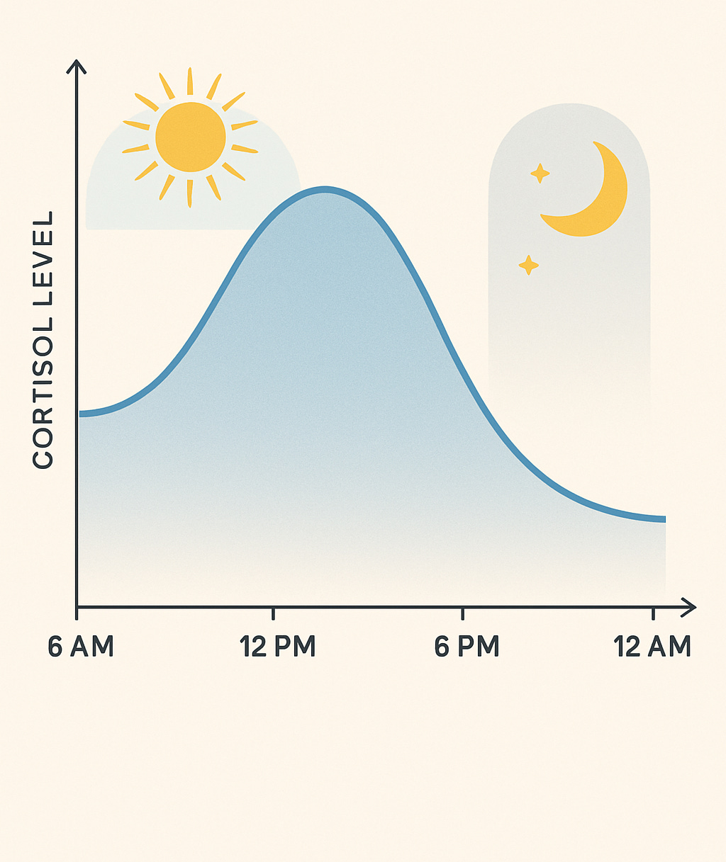 Circadian clock → HPA axis → pre-wake rise + CAR → acute effects → “Friend” early vs “Foe” late; levers: light, protein → coffee, 2-min resets, walk-after-dinner.