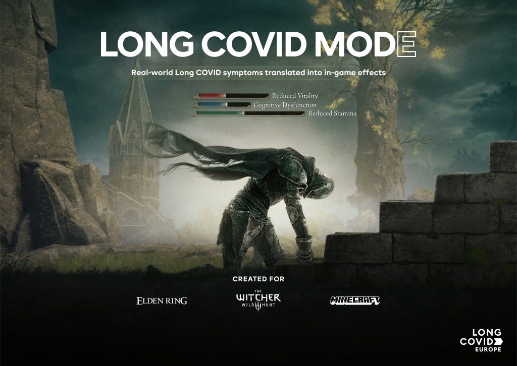 A graphic titled: "Long COVID Mode, Real-world Long COVID symptoms translated into in-game effects." Below the text, a video game character is shown hunched over, as though struggling to manage a symptom. Energy bars above his head indicate that he is facing reduced vitality, cognitive dysfunction, and reduced stamina. At the bottom of the image, the graphic shows that this mode was created for Elden Ring, The Witcher, and Minecraft, through collaboration with Long COVID Europe. A graphic titled: "Long COVID Mode, Real-world Long COVID symptoms translated into in-game effects." Below the text, a video game character is shown hunched over, as though struggling to manage a symptom. Energy bars above his head indicate that he is facing reduced vitality, cognitive dysfunction, and reduced stamina. At the bottom of the image, the graphic shows that this mode was created for Elden Ring, The Witcher, and Minecraft, through collaboration with Long COVID Europe.