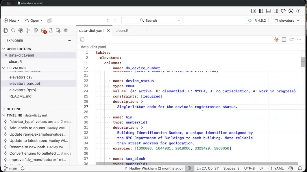 Demo: the device_status column defined as an enum with values A, D, H, J, and W, each mapped to a meaning (active, dismantled, NYCHA, no jurisdiction, work in progress) Demo: the device_status column defined as an enum with values A, D, H, J, and W, each mapped to a meaning (active, dismantled, NYCHA, no jurisdiction, work in progress)
